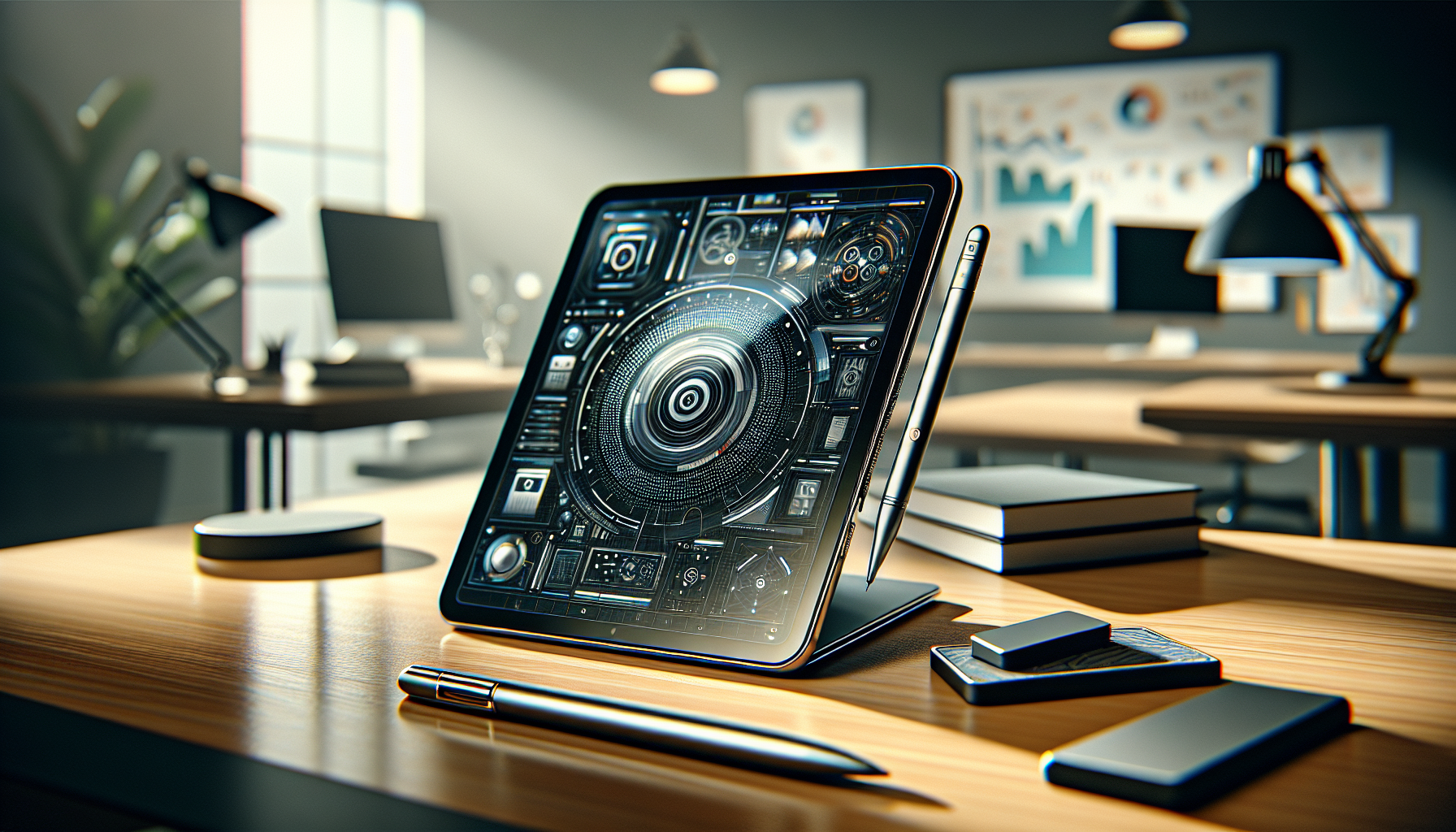 A professional photo of the 7th generation iPad Mini displayed in a modern office environment, showing Apple Intelligence features on screen with a second-generation Apple Pencil nearby