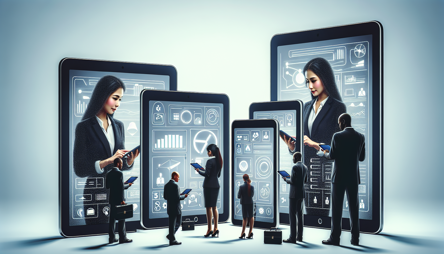 A side-by-side comparison of the iPad Mini being used for business applications next to larger tablets, emphasizing its compact size while showing professional productivity apps on all screens