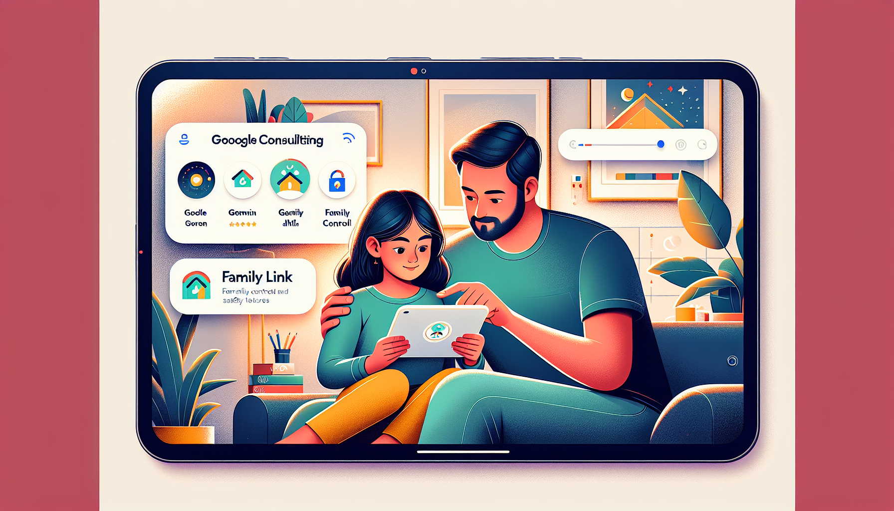 A child and parent sitting together at a tablet, exploring Google's Gemini AI with the Family Link interface visible, showing parental controls and safety features against a warm home setting