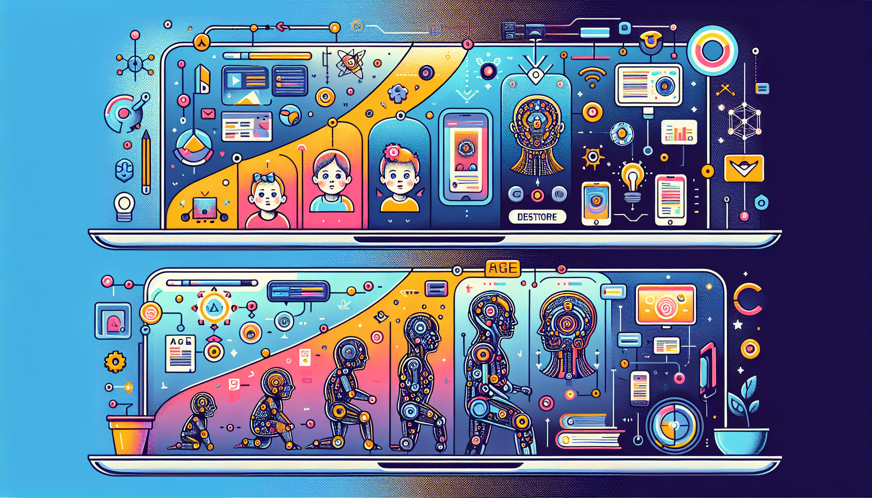 A split-screen visualization showing the evolution of AI interfaces for different age groups, with simplified kid-friendly Gemini UI on one side and professional enterprise applications on the other, with connecting elements showing the progression of AI literacy from childhood to professional settings
