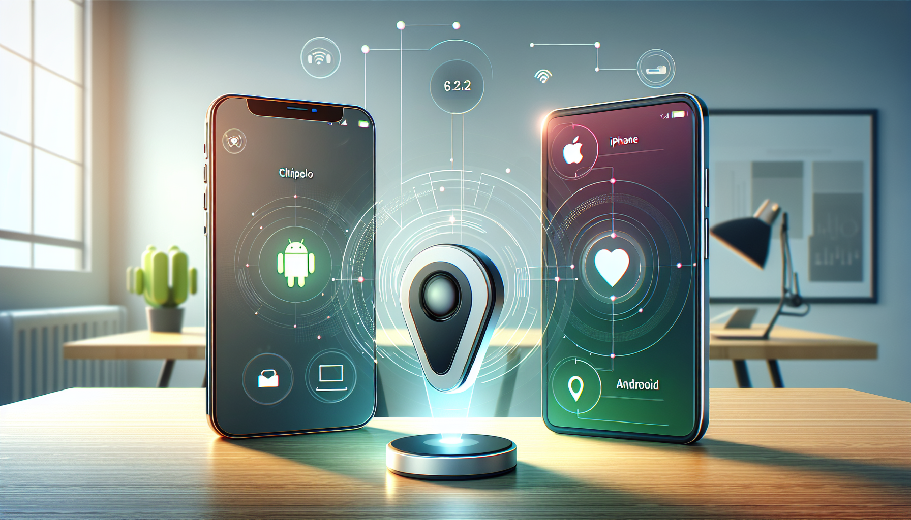 A sleek Chipolo tracking device sitting between an iPhone and Android phone, with digital signals visually connecting to both devices, shown on a modern desktop with soft lighting and a minimalist style