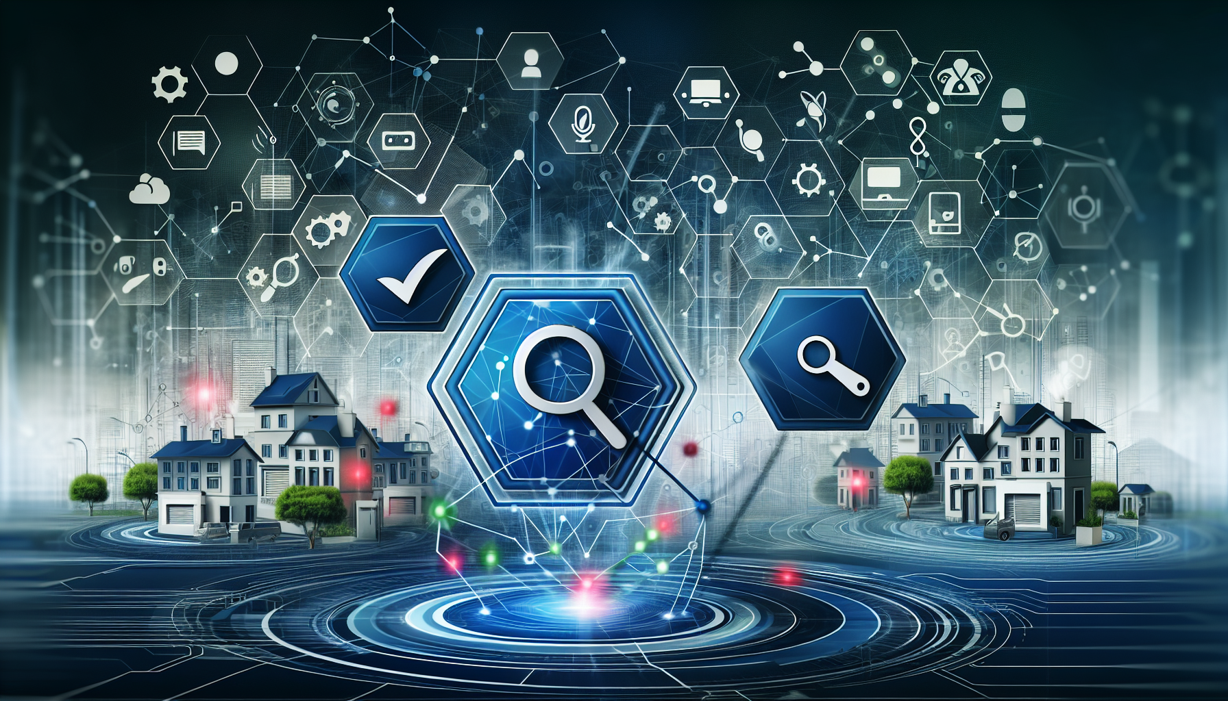 A digital ecosystem visualization showing Apple and Google logos connected by a Chipolo device in the center, with network signals flowing between them against a backdrop of a smart home environment with various connected devices