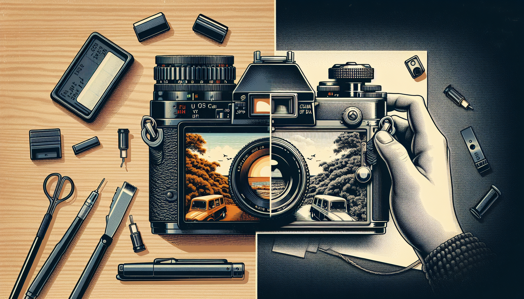 A side-by-side comparison showing a photo taken with the Fujifilm X Half using film simulation next to the same scene captured with a professional DSLR in RAW format, demonstrating the distinctive vintage aesthetic versus the technically perfect modern look