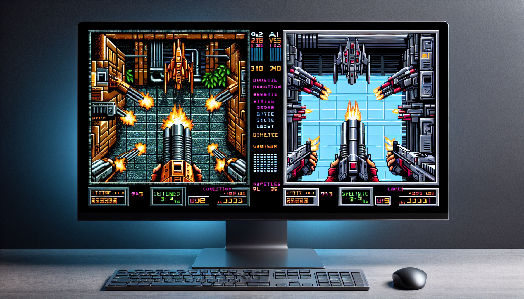 A side-by-side comparison showing the original Quake II game on the left and the AI-generated Muse version on the right, with visible differences in textures and lighting but maintaining the iconic gameplay style, displayed on modern monitors