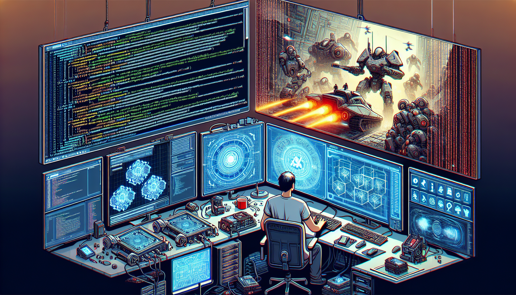 A futuristic game development workspace showing a developer using AI tools on multiple screens, with one screen displaying code, another showing the Muse AI interface generating game assets, and a third showing the playable AI-generated Quake game in action