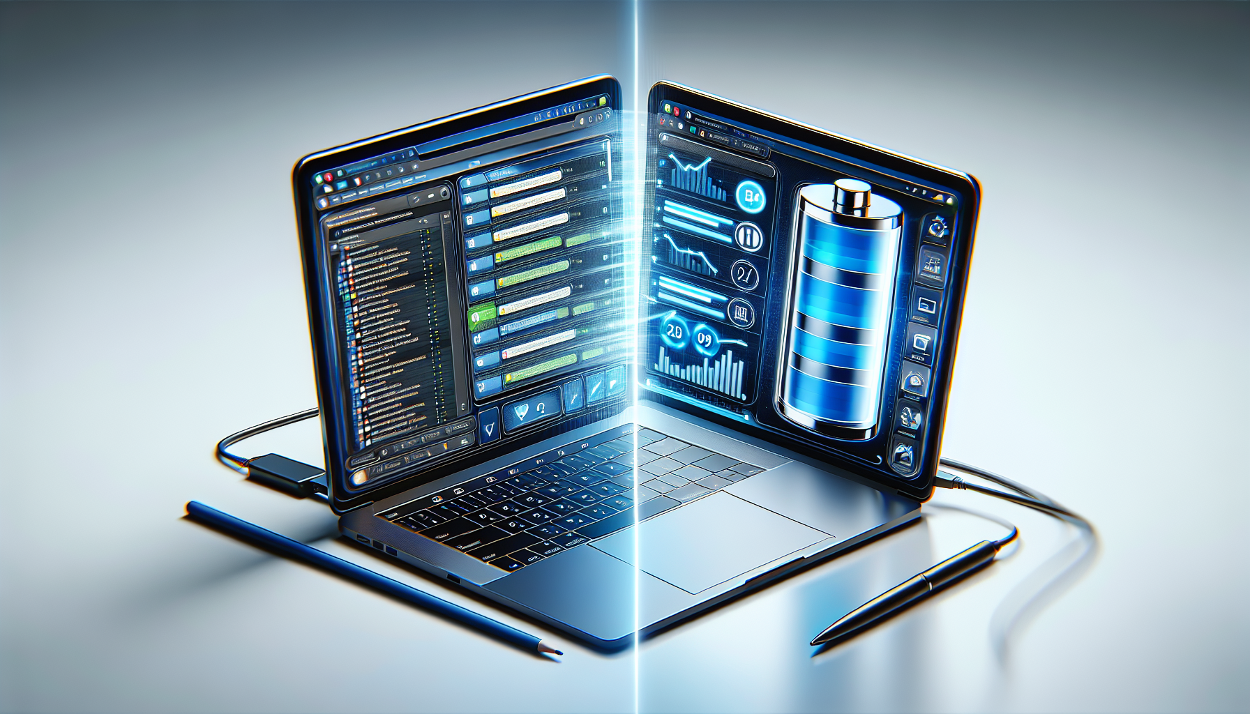 A laptop with a browser showing multiple open tabs with a battery icon draining rapidly, with a split screen showing another laptop with an optimized browser and healthy battery level, illustrated in a clean, professional style