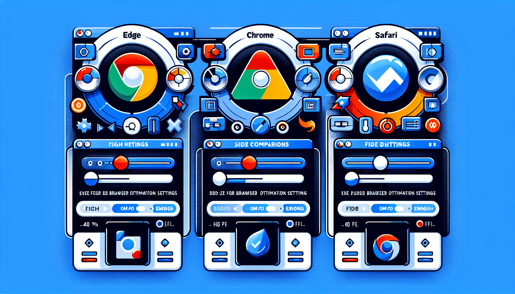 A detailed infographic showing browser optimization settings side by side for different browsers (Edge, Chrome, Firefox, Safari), with toggle switches and sliders highlighted, in a clean tech-oriented design with blue and white color scheme